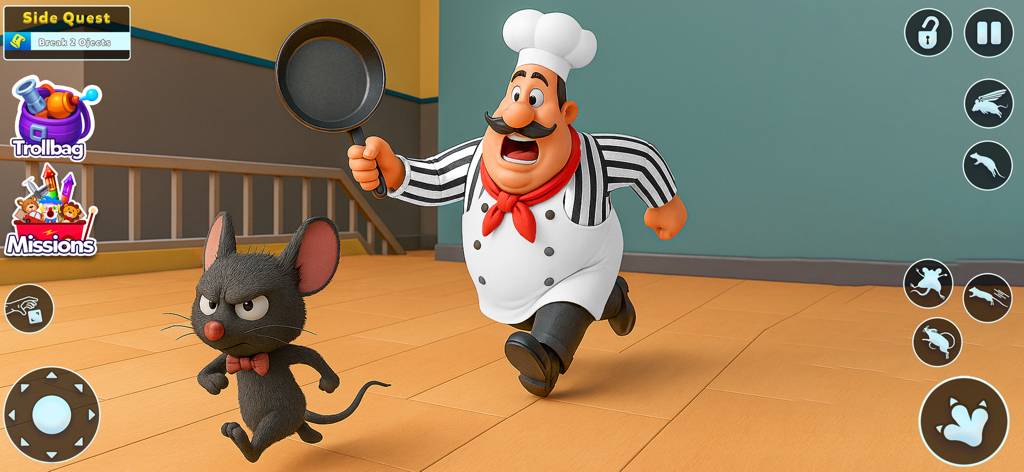 Sneaky Chef: Kitchen Pranks - A cartoon chef with a frying pan chasing a sneaky mouse in a kitchen environment