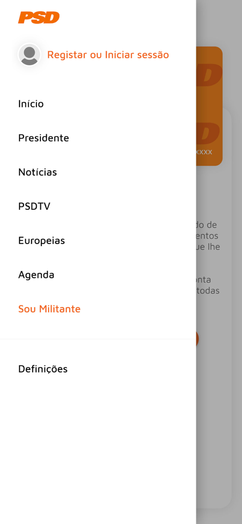 Sidebar menu of the PSD mobile app displaying navigation links for news, party president, agenda, and member login area.