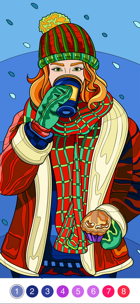 Un'illustrazione digitale a pittura per numero di una ragazza in abiti invernali che tiene una bevanda calda e un cupcake