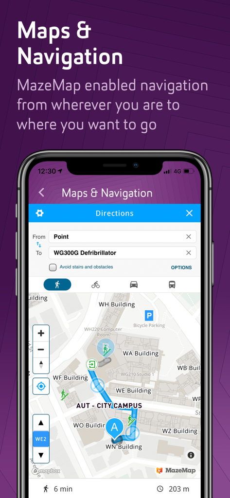 AUT - AUT mobile app screenshot showing the interactive campus map and walking navigation feature