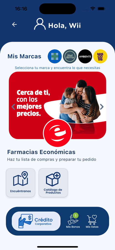 Tu App Farmacia - Tu App Farmacia mobile home screen showing pharmacy locations and corporate credit options in Spanish