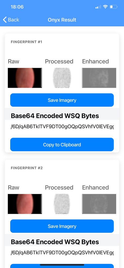 ONYX Touchless Fingerprinting - Interface showing raw processed and enhanced fingerprint images with data export options