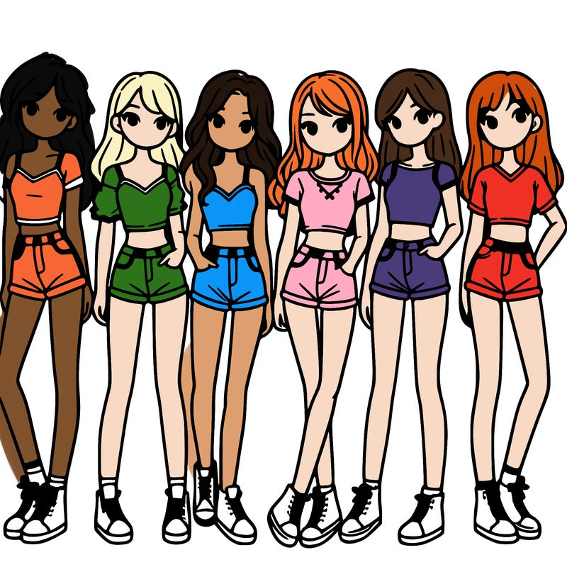 a group of girls wearing crop tops and shorts