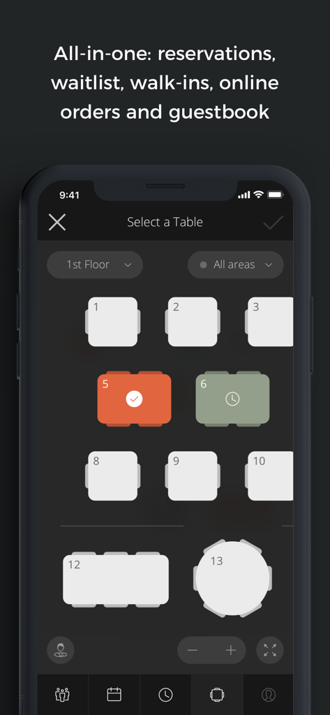 Oberfläche der Hostme-Restaurant-App mit digitalem Tischplan und Anzeige des Tischbelegungsstatus