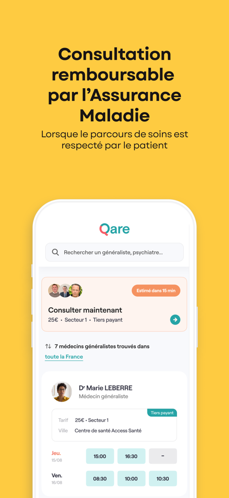 Mobile Benutzeroberfläche der Qare-App mit angezeigter Arztverfügbarkeit und Buchungsoptionen für Online-Beratungen.