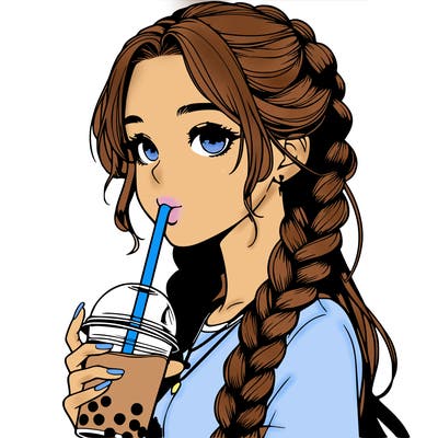 realistic girl with braided hair drinking boba