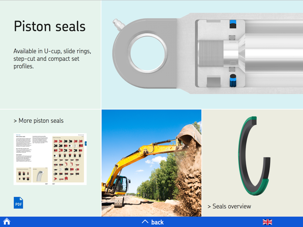 Interface of the SKF hydraulic seals app showcasing piston seal profiles with technical diagrams and heavy machinery application