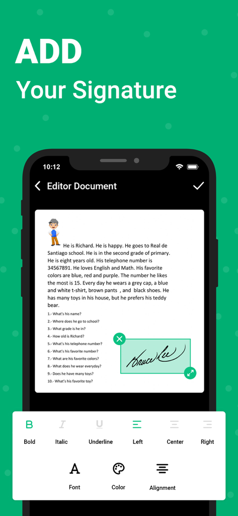 OKEN - Doc Scanner, PDF Scan - Uma tela de telefone móvel exibindo a interface do aplicativo OKEN com uma assinatura adicionada a um documento digitalizado usando ferramentas de edição.
