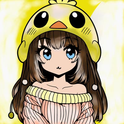 anime girl with chick shaped hat with sweater with bare shoulders with bangs covering them one eye with low tail