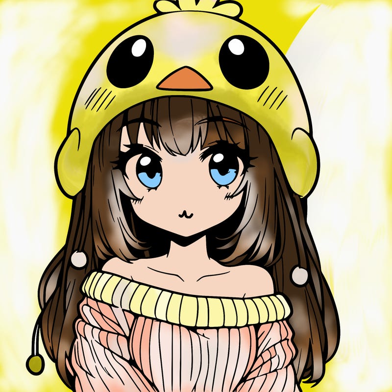 anime girl with chick shaped hat with sweater with bare shoulders with bangs covering them one eye with low tail