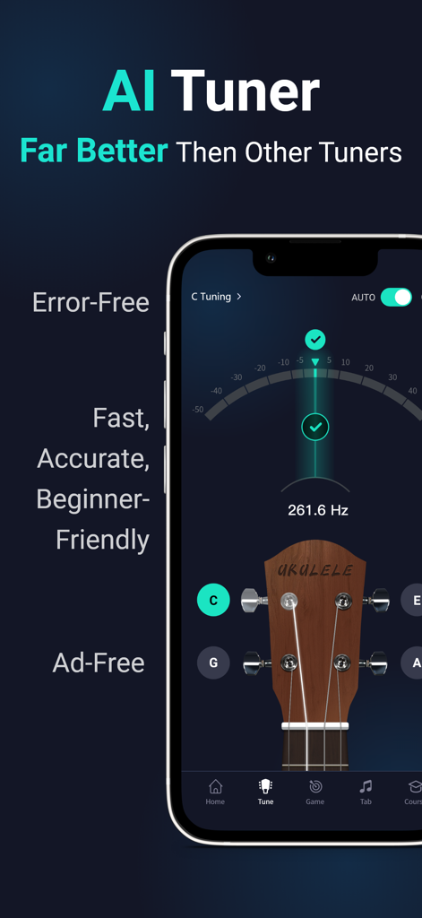 ukulele tuner - utunermate - Mobile app screenshot showing the AI tuner interface of utunermate with a digital tuning needle and ukulele headstock.