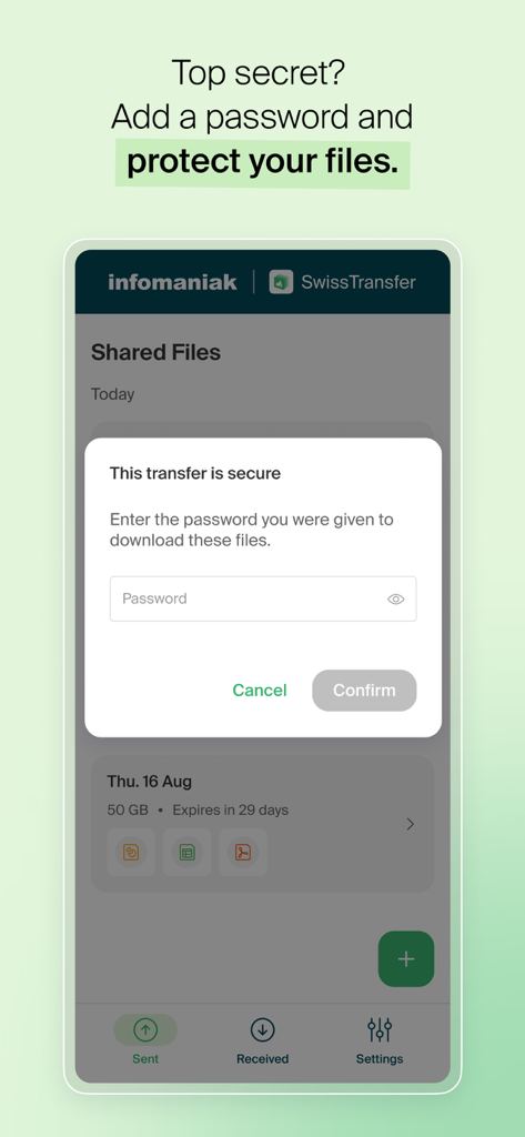Infomaniak SwissTransfer - Interfaccia dell'app SwissTransfer che mostra una schermata di inserimento password per la condivisione sicura di file