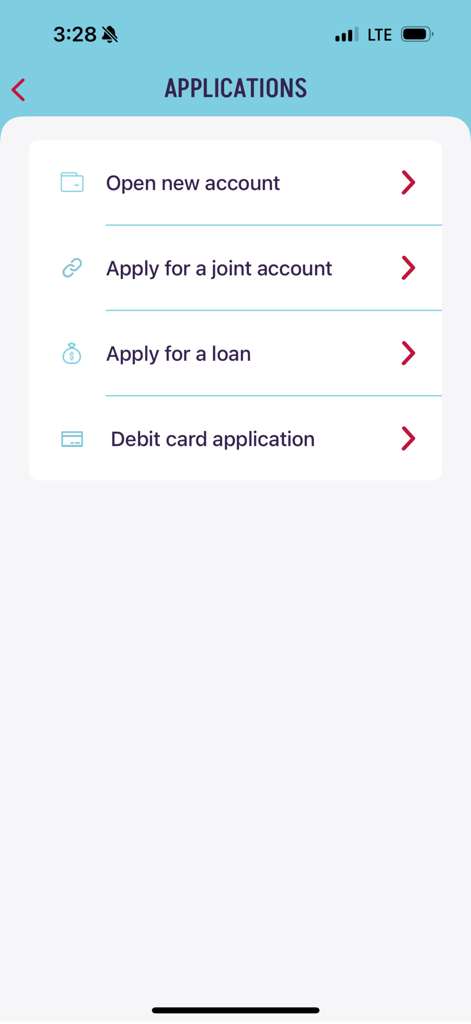 ANSA Bank Mobile - Pantalla de la aplicación ANSA Bank Mobile que muestra opciones para abrir nuevas cuentas, solicitar cuentas conjuntas, solicitar préstamos y solicitar tarjetas de débito.