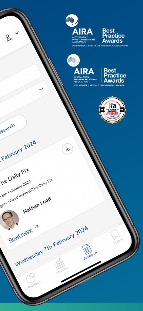 Morgans Financial Limited - Morgans Financial mobile app displaying expert investment research articles and industry recognition awards.