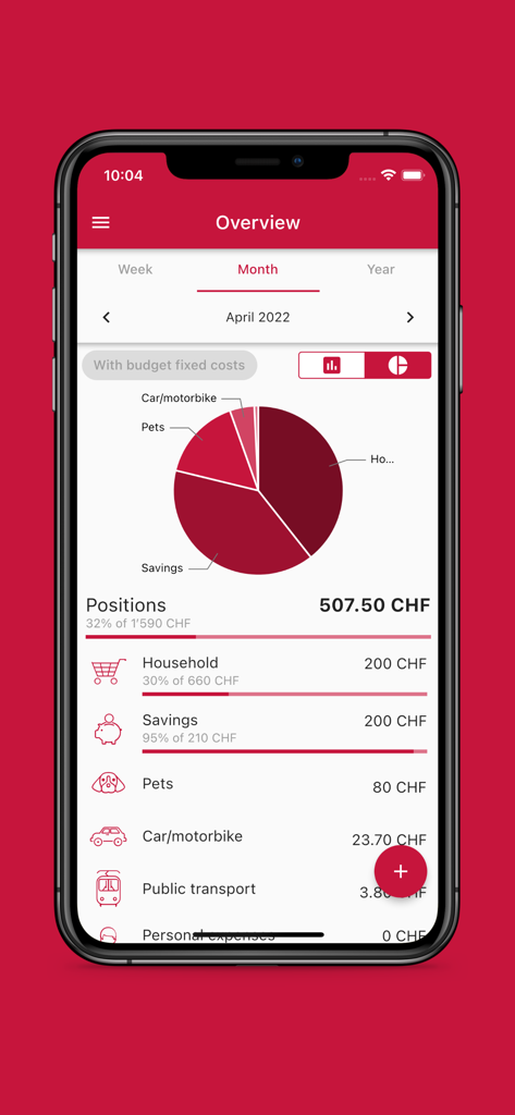 BudgetCH - BudgetCH monthly overview screen showing household expenses and savings in a pie chart and list format.