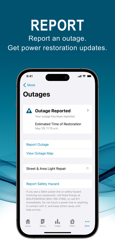 Duke Energy mobile app screen for reporting power outages and tracking restoration updates.