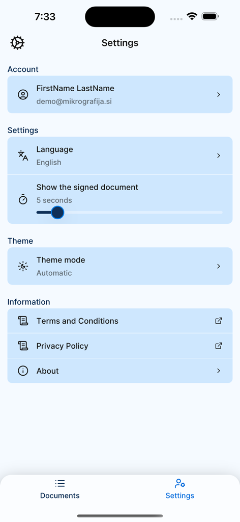 mSign - The settings screen of the mSign app showing account details language options and theme preferences