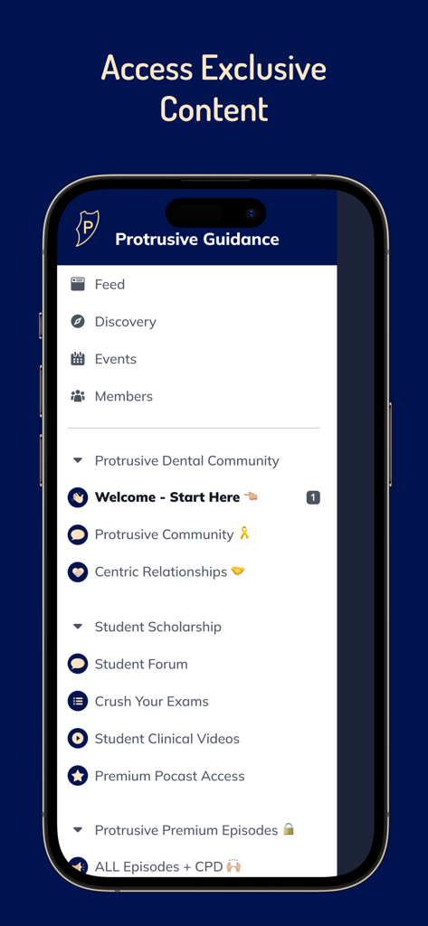 Protrusive Guidance - Navigation menu of the Protrusive Guidance app showing sections for dental community student resources and premium episodes