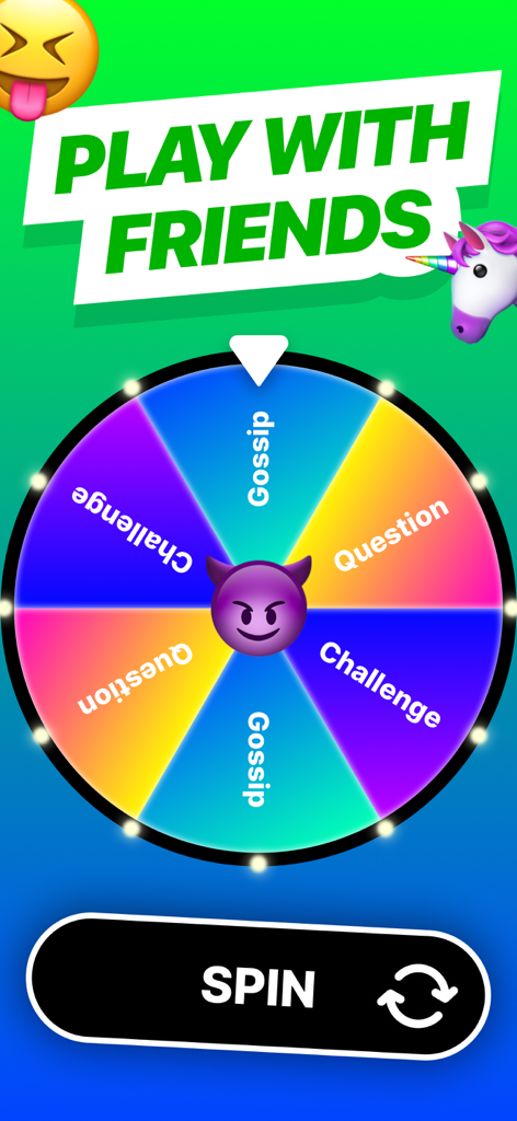 Explode 2: Get Exposed - A colorful digital spin the wheel interface from the Explode 2 app featuring Gossip, Challenge, and Question categories.