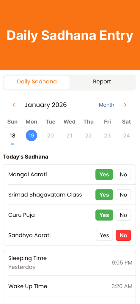 Daily sadhana entry interface in the Krishna Smriti app showing spiritual activity tracking and sleep times