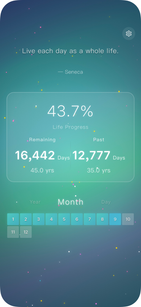 Life Countdown - Days Left - Una pantalla de aplicación móvil que muestra el porcentaje de progreso de la vida y los días restantes con una cita estoica sobre un fondo temático espacial.