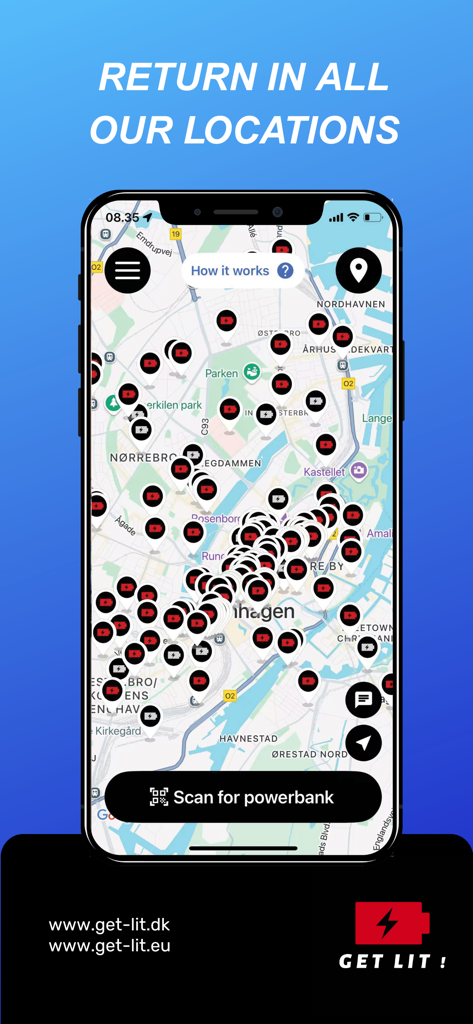 Get Lit - Get Lit mobile app displaying a city map with multiple powerbank sharing and return locations