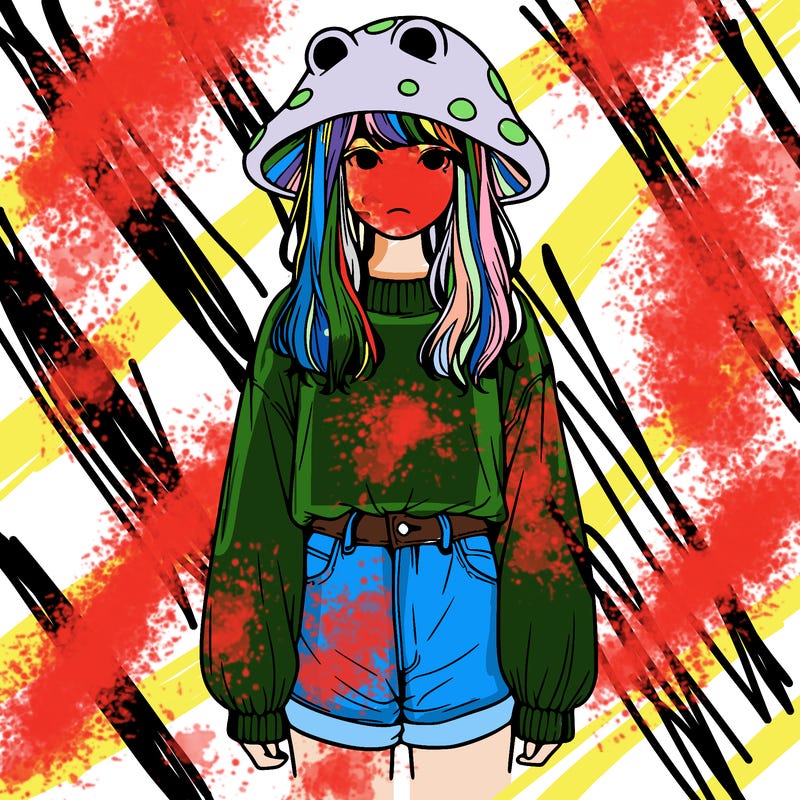 a realistic girl with a frog hat and baggy mushroom shirt