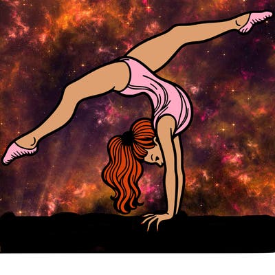 gymnast doing split handstand on a beam