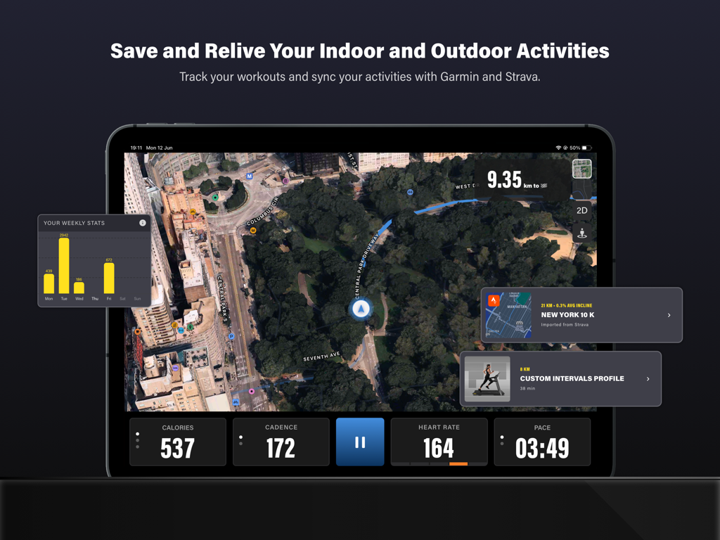 Technogym Live - Technogym Live app on iPad showing a running route on a map with real-time cadence heart rate and pace data