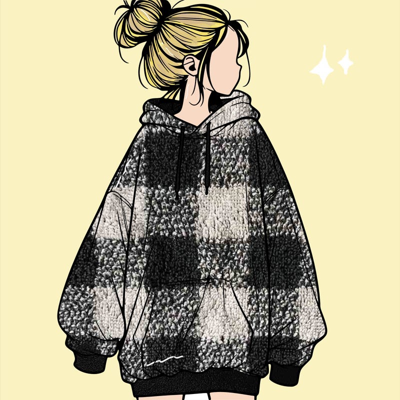 realistic girl with a oversized sweatshirt on and a bun