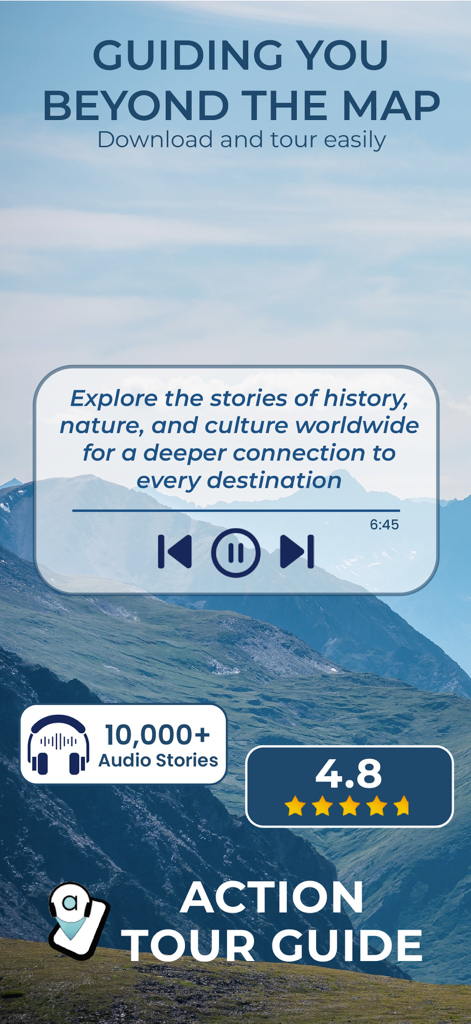 Action Tour Guide: Experiences - Capture d'écran de l'application Action Tour Guide présentant des fonctionnalités d'audioguide avec un arrière-plan de paysage montagneux
