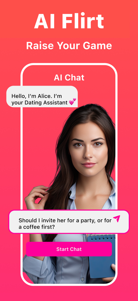 Texting AI - Wingman - Mobile app screen showing an AI dating assistant named Alice providing flirting tips and chat support