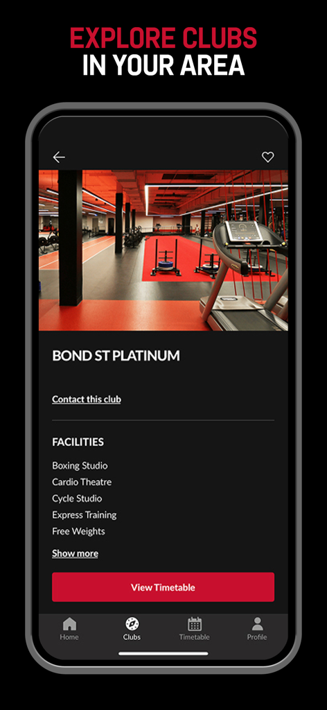 Fitness First mobile app interface showing Bond St Platinum club facilities and a red View Timetable button