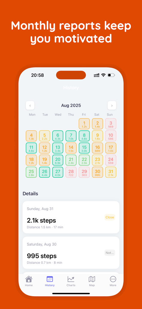 Step Counter - Pedometer Pro - Monthly activity calendar in the Step Counter app showing daily step counts and goal completion with color-coded badges.
