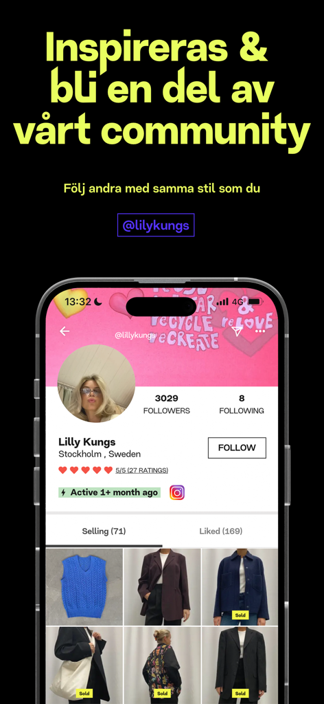 Captura de pantalla de la aplicación Plick que muestra el perfil de un vendedor con seguidores y artículos de moda a la venta
