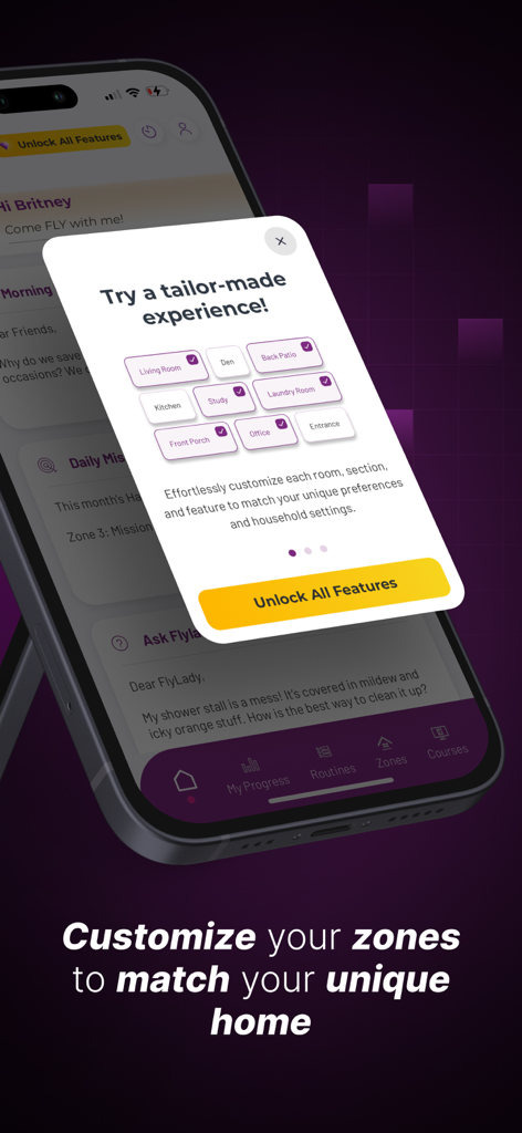 FlyLady: Routines & Cleaning - FlyLady app interface showing a popup to customize cleaning zones like the living room and kitchen for a personalized household routine