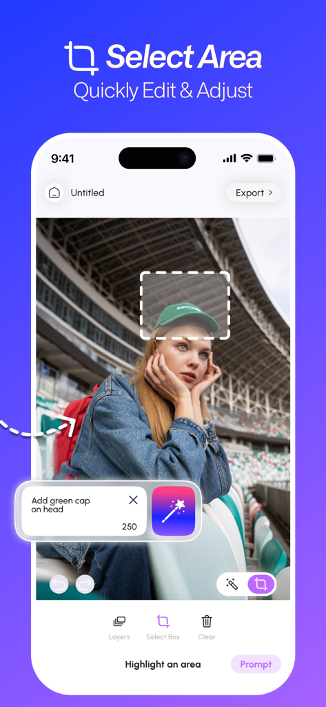 Repik - AI Photo Retouch & Fix - Repik app interface for selecting a photo area and using an AI prompt to add a green cap to a person.