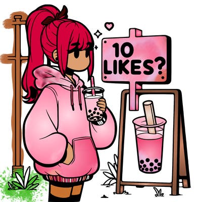 girl with oversized hoodie drinking boba and she has a high ponytail with a sign that says 10likes?