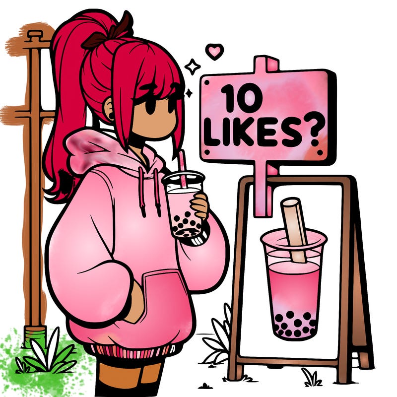 girl with oversized hoodie drinking boba and she has a high ponytail with a sign that says 10likes?