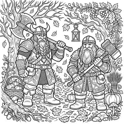 Unleash your creativity with this epic coloring page featuring two mighty dwarf warriors in a vibrant autumn setting. Immerse yourself in a world of fantasy and falling leaves as you bring this detailed scene to life.