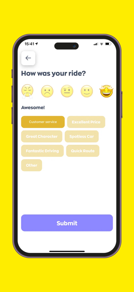 Call A Car Taxis - 콜 어 카 택시 앱의 사용자 피드백 및 평가 화면. 이모티콘 평가와 고객 서비스, 깨끗한 차량과 같은 선택 가능한 기능 태그가 표시됩니다.