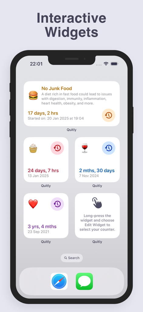 Days Since Counter: Quitly - Pantalla de inicio del iPhone mostrando múltiples widgets interactivos de la app Quitly para rastrear hábitos como comida chatarra y consumo de alcohol