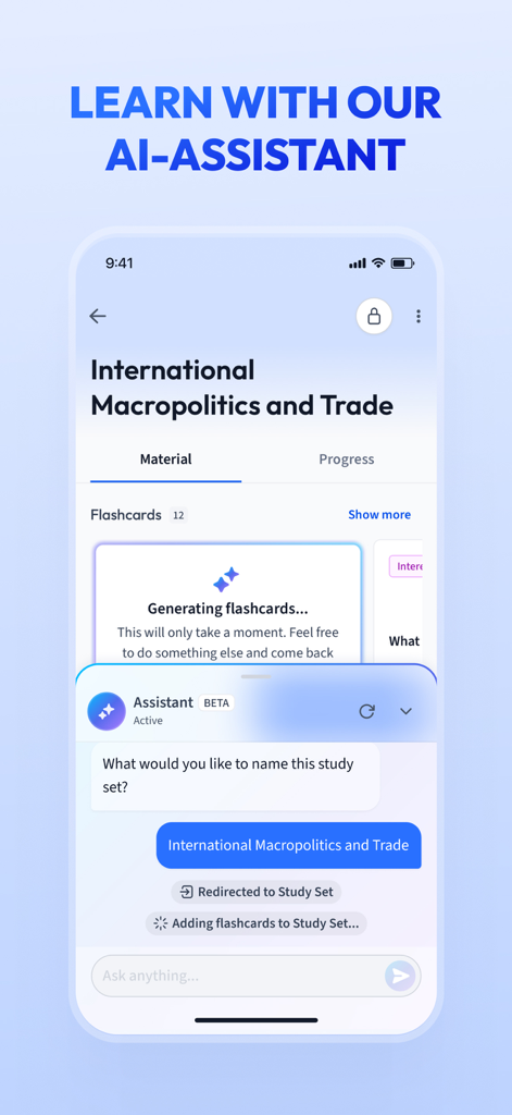 Vaia mobile app interface showing the AI assistant generating flashcards for a course titled International Macropolitics and Trade