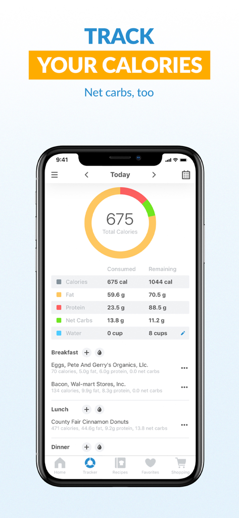 Total Keto Diet: Low Carb App - A mobile phone displaying the Total Keto Diet app calorie tracker interface showing daily macro intake and food log