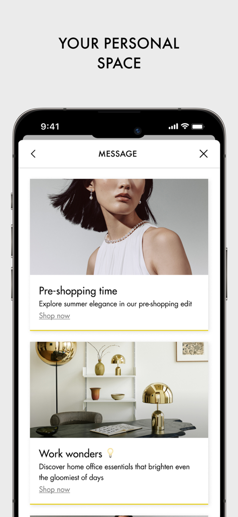 개인화된 패션 및 홈 오피스 큐레이션 에디트를 보여주는 Mytheresa 앱 받은 편지함