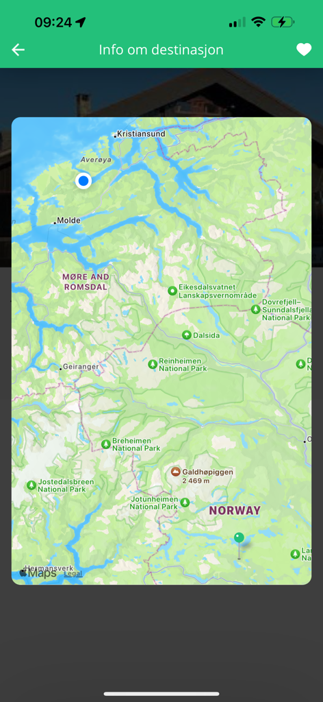 HundeVenn 앱의 반려견 동반 가능 명소와 국립 공원을 보여주는 노르웨이 지도.