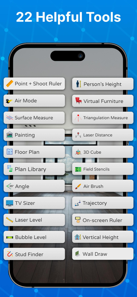 Screenshot of the Tape Measure app displaying a list of twenty-two helpful measurement and DIY tools
