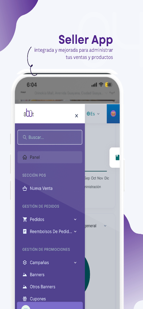 Abut - Abut Seller App interface showing the sidebar menu for business sales and order management