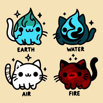 4 cats that represent the different elements, earth, water, air, and fire