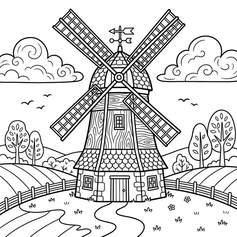 Unwind with this delightful smock mill coloring page, specially crafted for seniors seeking relaxation and creative expression. Featuring clear, bold lines and a picturesque landscape, it's perfect for a calming artistic escape.